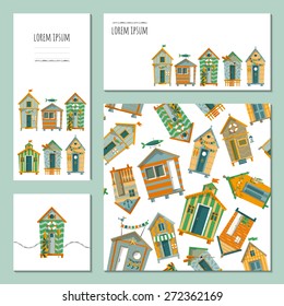 Set of 4 universal cards with beach huts. Template. Beach party, pool party, birthday, holiday. Vector illustration