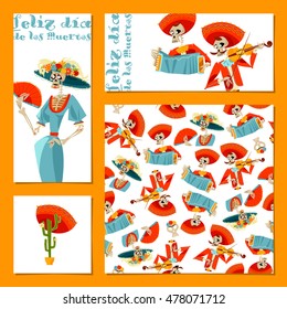 Set of 4 universal cards for Dia de Muertos. La Calavera Catrina. Vector illustration