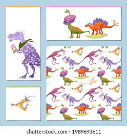 Set of 4 universal cards with dinosaurs playing outdoors. Fun summer activities. Hello summer! Vector illustration.