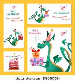 Set of 4 universal cards with dragon. Template. Feliz Cumpleans! (Happy birthday!) Children's party, congratulations. Vector illustration 