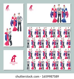 Set of 4 universal cards with festival of “San Isidro” (Fiestas de San Isidro), patron of Madrid. Man and woman in traditional clothes. Vector illustration