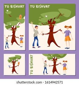 Set of 4 universal cards for jewish holiday Tu BiShvat (New Year of the Trees). A boy and a girl greet a tree. Vector illustration