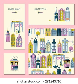 Set of 4 universal cards with old European style buildings. Template. Birthday, anniversary, children's party, special event, invitation. Vector illustration