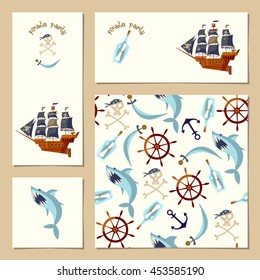 Set of 4 universal cards for Pirate Party. Template. Vector illustration