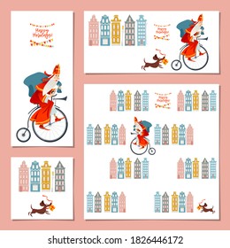 Set of 4 universal cards with Santa Claus (Sinterklaas) on a vintage bicycle. Christmas in Holland. Vector illustration.