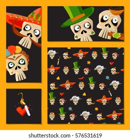 Set of 4 universal cards with variety of Mexican style skulls. Dia de Muertos. Cinco de Mayo. Vector illustration