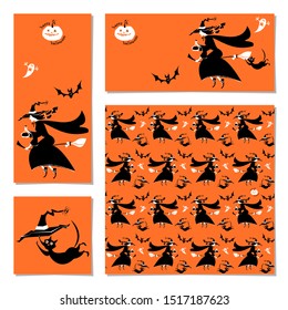 Set of 4 universal cards with Witch holding magical potion flying on broom. Happy Halloween.  Vector illustration