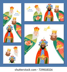 Set of 4 universal Christmas greeting cards with three biblical Kings: Caspar, Melchior and Balthazar.  Three wise men. Template. Vector illustration.