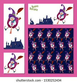 Set of 4 universal greeting cards with Buona Befana (happy Epiphany). Old woman flying on a broomstick. Italian Christmas tradition. Vector illustration.