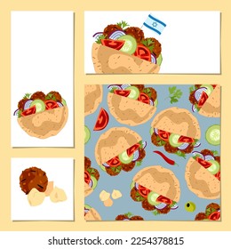 Conjunto de 4 tarjetas de felicitación universal con sándwich Falafel pita. Cocina de Oriente Medio. Ilustración del vector