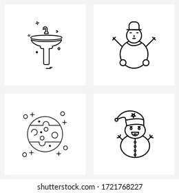 Set of 4 Universal Line Icons of wash basin; universe; sanitary; winters; Santa clause Vector Illustration