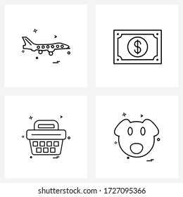 Conjunto de 4 íconos de la línea universal del ejército; inversión; avión de combate; moneda; ilustración de vectores de carro
