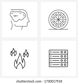 Set of 4 Universal Line Icons of brain; orange; lightning; commerce; burning Vector Illustration
