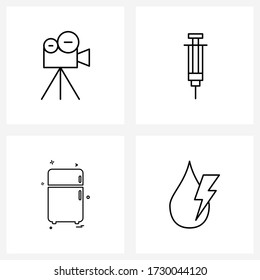 Conjunto de 4 iconos de línea universal de la cámara; nevera; diapositiva; jeringa; Ilustración de vectores en casa