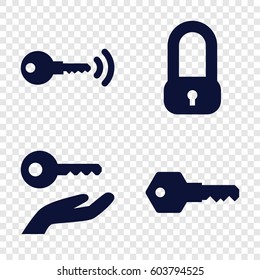 Set of 4 unlock filled icons such as key, key on hand