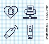Set of 4 usb outline icons such as usb signal, cpu in heart, usb drive