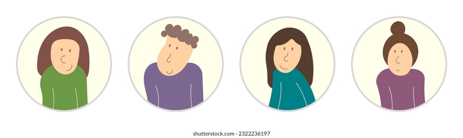 Juego de 4 avatares de usuario. Iconos de perfil de avatares de personas. Caras masculinas y femeninas. Retratos de hombres y mujeres. Ilustración vectorial.