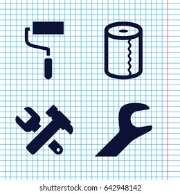 Set of 4 utility filled icons such as paper towel, hummer and wrench, roller