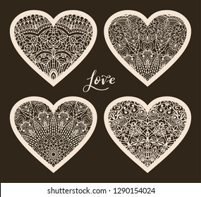 Set of 4  Valentine card or Wedding Invitation with lace pattern. Layout congratulatory card with carved openwork pattern. Pattern suitable for laser cutting, plotter cutting or printing