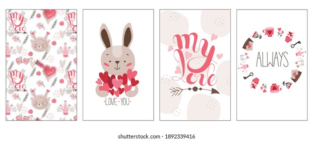 Set of 4 valentine's day cards with rabbit and hearts, frame, festive lettering and pattern in pink and brown colors. Vector illustration in cute cartoon flat style for print.