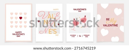 Set of 4 Valentine's Day cards. Valentine's cards with hearts, wine glass. Vector Valentine's Day card.