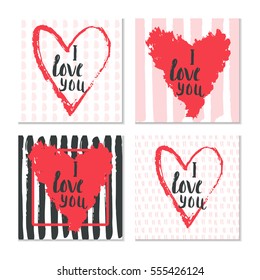 Set of 4 Valentines day gift card with heart and lettering love. Calligraphy, hand drawn design elements for print, poster, invitation.