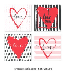 Set of 4 Valentines day gift card with heart and lettering love. Calligraphy, hand drawn design elements for print, poster, invitation.