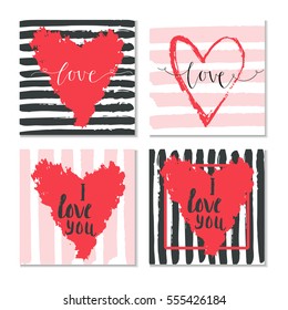 Set of 4 Valentines day gift card with heart and lettering love. Calligraphy, hand drawn design elements for print, poster, invitation.