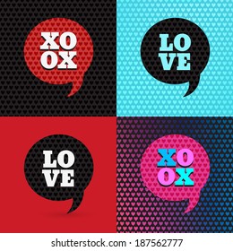 Set of 4 valentines day illustrations and typography elements. Backdrop patterns are seamless. I love you. XOXO. Greeting card.