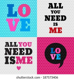 Set of 4 valentines day illustrations and typography elements. Backdrop patterns are seamless. I love you. XOXO. Greeting card.