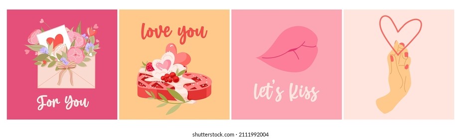 Set of 4 Valentines day vector cards. Cute elements in pink colors with text. Romantic flat style illustration