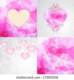 Set of 4 Valentine's day or wedding illustrations, pink hearts and backgrounds with triangle geometric pattern, nice laconic flowers and curls.