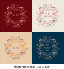 Set with 4 Valentine's greeting cards. Cute hearts and warm greetings. Vector illustration for Valentine's design, wedding design, greeting cards, etc. 