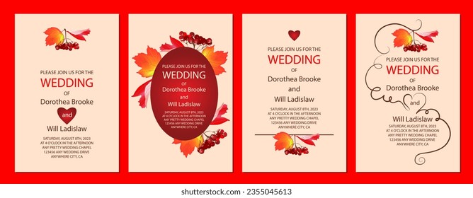 Set of 4 variants of beautiful vector autumn wedding invitation templates with red viburnum and leaves on a gentle beige background. Elegant botanical design suitable for banner, cover, greeting card.