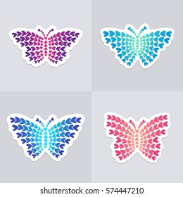 Set of 4 varicolored butterflies made from small hearts. Wall stickers, decals or decoration in vector format