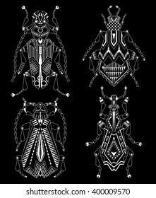 Set of 4 various bugs on a black background. Black and white. Vector illustration