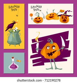 Set of 4 various cards for Halloween party. Template. Vector illustration