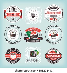 Set 4 of various sushi labels vector illustration