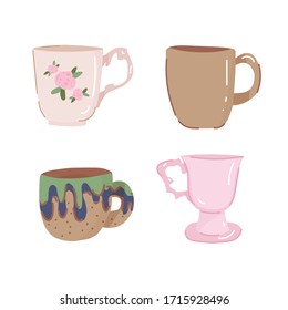 Set of 4 various tea and coffee porcelain and hand made ceramic cup and mug. Flat vector illustration on isolated background.
