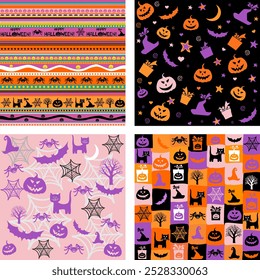 Set von 4 Vektor abstrakte nahtlose süße Halloween-Muster. Gut für Textilgewebe-Design, Umhüllungspapier, Website Tapeten, Textil, Tapete. Vektorgrafik