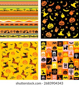 Conjunto de 4 Vetor abstrato sem emenda bonito halloween padrões. Bom para o design de tecido têxtil, papel de embrulho, papel de parede do site, têxtil, papel de parede. Ilustração vetorial