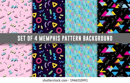 Set of 4 Vector background various abstract seamless patterns with different shapes. Collection of patterns in the Memphis style. Patterns added to the swatch panel.