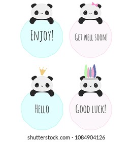 Set of 4 vector badges with cute kawaii panda bears and text, use it for gifts, greeting cards, invitations, business, etc.