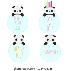 Set of 4 vector badges with cute kawaii panda bears and text, use it for greeting cards, business, invitations, gifts, etc.