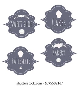 Set of 4 vector badges with text: Cakes, bakery, patisserie and sweet shop, perfect for your business and tasty projects!