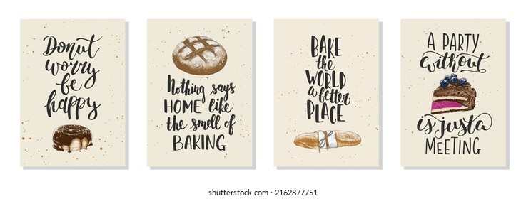 Set of 4 vector bakery posters with hand drawn unique funny lettering design element for kitchen decoration, prints and cafe wall art. Engraved sketch of donut or doughnut, baguette, bread, cake.