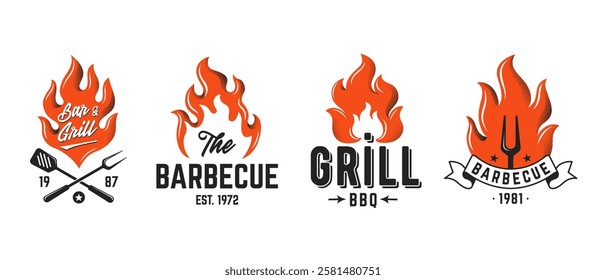 Set of 4 Vector barbecue and smokehouse logo designs with flames, grilling tools. Perfect for BBQ restaurants, smokehouses, and grill branding. Retro barbecue emblem set with fire and utensils.