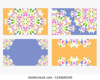 Set of 4 vector business card templates. Beautiful colorful mandala designs for gift card, certificate, flyers, banners and advertisements for beauty industry, yoga trainers, creative people.