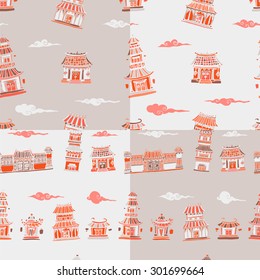 Set of 4 vector chinese or japanese buildings seamless pattern