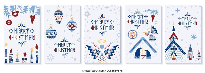 Conjunto de 4 plantillas vectoriales de Navidad para banners web o tarjetas de felicitación en estilo ornamental folclórico escandinavo. También se puede utilizar como elementos de ilustración aislados.